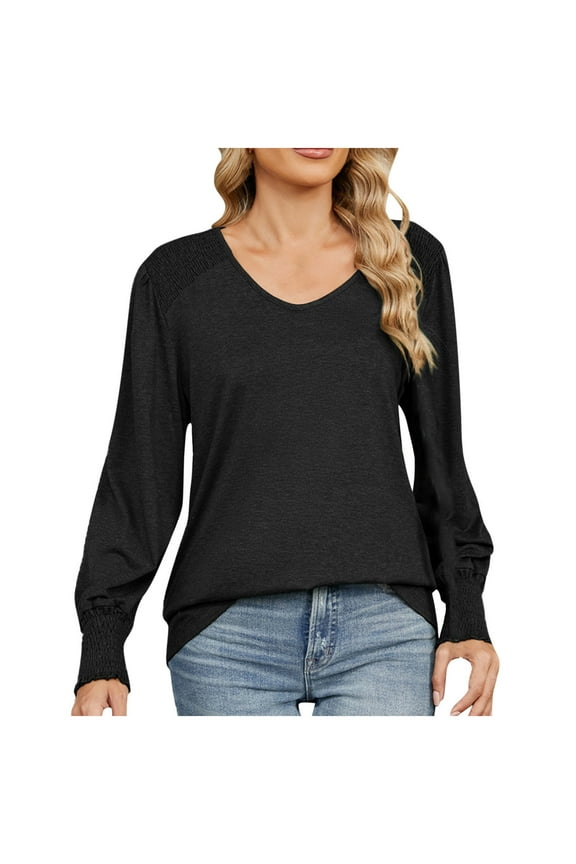 Tops for Women Trendy Fall Winter Puff Long Sleeve Pleated Cuffs Round Neck Lightweight Breathable Blouse Solid Color Casual Loose T-Shirt