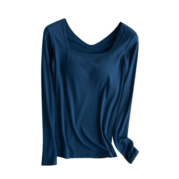 Npasoilc Tops for Women Trendy Ribbed Knitted Long Sleeve Square Neck Stretchy Blouse with Chest Pads Solid Color Casual Slim-Fit T-Shirts