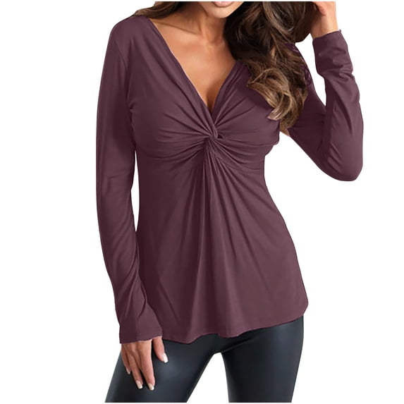 Gswybco Twist Front Shirt for Women Long Sleeve Deep V Neck Ruched Blouses Fall Fashion Ruched Solid Color Tops