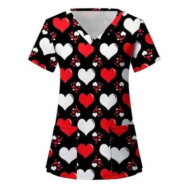 Samickarr Valentines Day Shirts Scrub Tops For Women Funny Heart Print Nurse Top Short Sleeve Tops With Pockets Working Uniforms V Neck Holiday Graphic Tees Blouse T-Shirt
