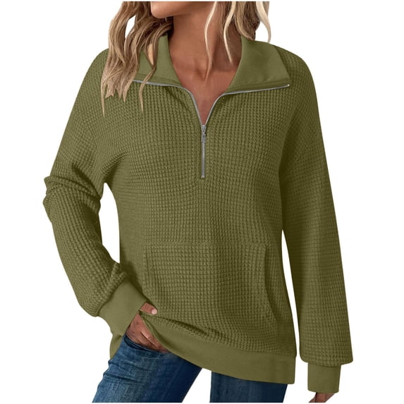 Samickarr Waverg Sweatshirts for Womens V Neck Oversized Long Sleeve Quarter Zip Pullover Sweater Flip Collar with Pocket Tops