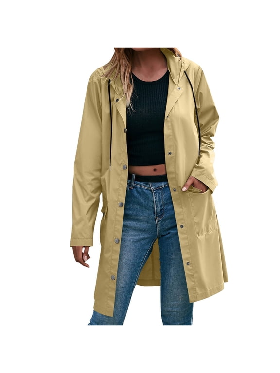Windbreaker Jacket for Women Row Buckle Drawstring with Pockets Coats Rainproof Long-Sleeved Hooded Knee-length Raincoat
