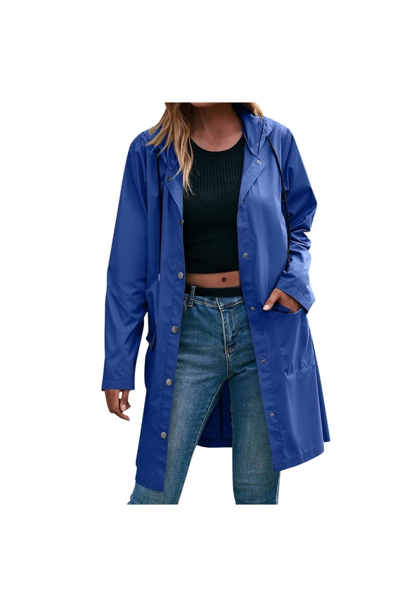 Windbreaker Jacket for Women Row Buckle Drawstring with Pockets Coats Rainproof Long-Sleeved Hooded Knee-length Raincoat