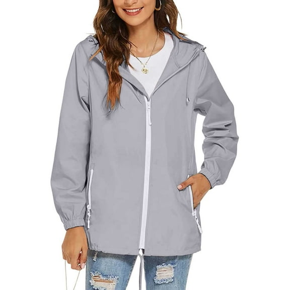 Samickarr Windbreaker Jacket for Women Zipper Drawstring with Pockets Rainproof Long-Sleeved Hooded Raincoat