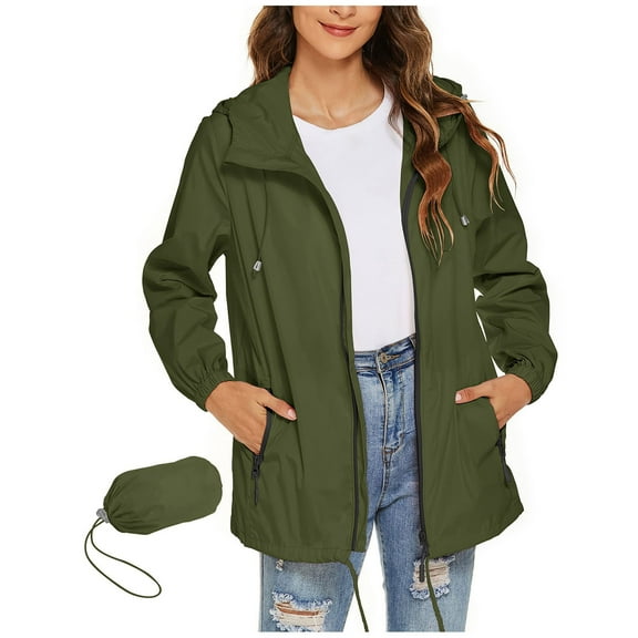 Samickarr Windbreaker Jacket for Women Zipper Drawstring with Pockets Rainproof Long-Sleeved Hooded Raincoat