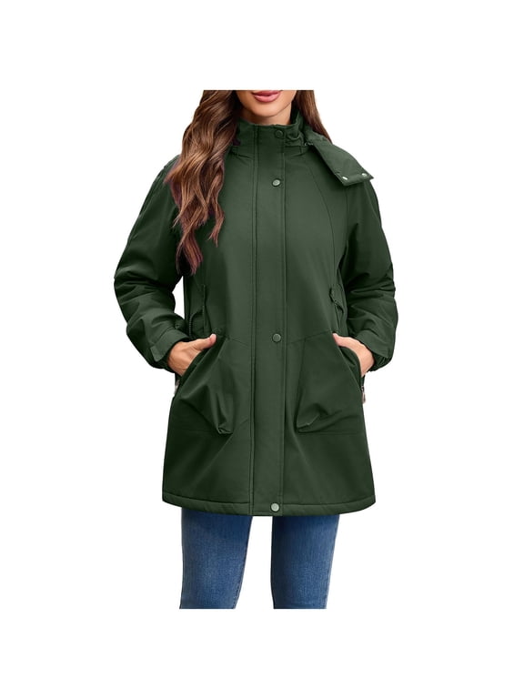 Windbreaker Padded Jacket for Women Row Buckle Drawstring with Pockets Coats Rainproof Long-Sleeved Hooded Knee-Length Raincoat