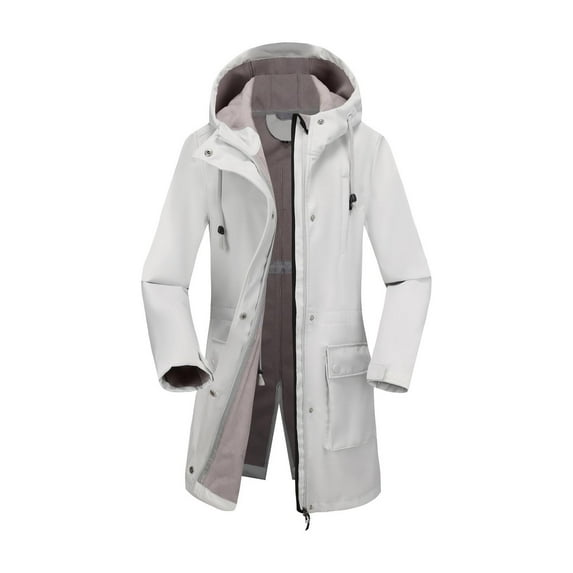 Gnshining Windbreaker Padded Jacket for Women Zipper Drawstring with Multiple Pockets Coats Rainproof Long-Sleeved Hooded Buttocks-Length Raincoat