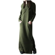 Samickarr Winter Warm Nightgowns For Women Long SleeveWomen's Round Neck Winter Warm Color Long Sleeve Pocket Long Dress