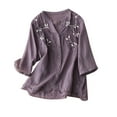 thumbnail image 1 of Samickarr Womens Cotton And Linen Tops 3/4 Sleeve Round Neck Vintage Embroidery Printing Button Down Lightweight Casual Loose Shirts, 1 of 8