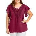 thumbnail image 1 of Spring Savings deals!Samickarr Womens Tops!Fashion Woman Casual V-Neck Solid Print Lace Short Sleeve T-Shirt Summer Plus Size Tops, 1 of 9