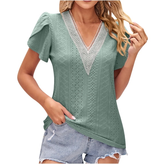 Samickarr Womens Tops Short Sleeve Lace V Neck Solid Color Hollow-out Lightweight Casual Loose Pullover Blouse Shirts