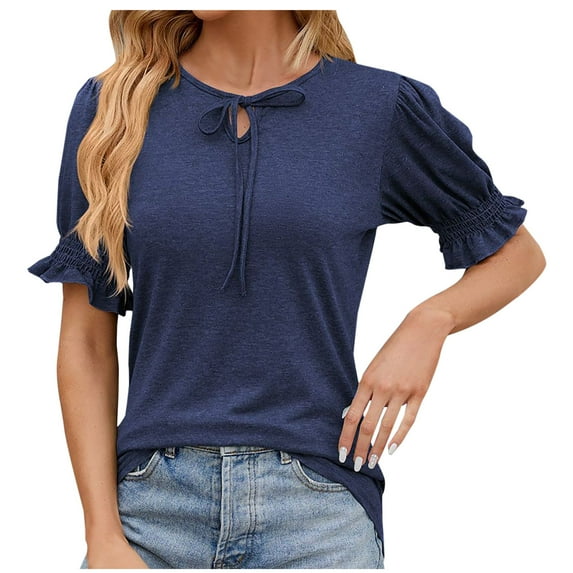 Samickarr Womens Tops V Neck Puff Short Sleeve Solid Color Pullover Lace-up Casual Loose Regular Top Blouse