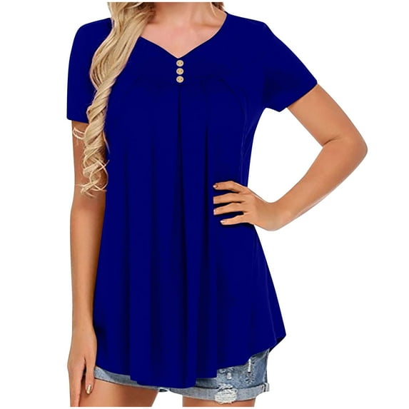 Samickarr Womens Tops!Women's Casual Loose Solid Color Crewneck Short Sleeve Button T-Shirt Tops