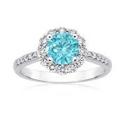 Samie Collection Solitaire Halo Set Floral CZ Wedding Engagement Ring for Women Aquamarine Birthstone Color Cubic Zirconia in Silver-Tone Rhodium Plating, Size 5 to 10
