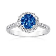 Samie Collection Solitaire Halo Set Floral CZ Wedding Engagement Ring for Women September Birthstone Color Blue Cubic Zirconia in Silver-Tone Rhodium Plating, Size 5 to 10