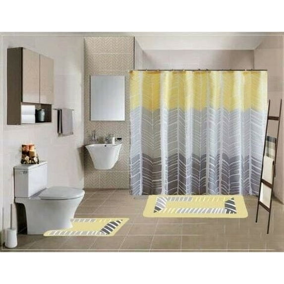 15-Piece Sonia Yellow Bathroom Set: 2 Non-Slip Rugs, 1 Shower Curtain ...
