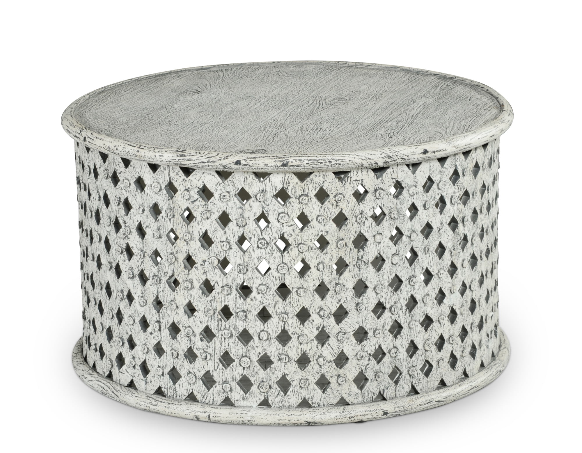 Samir Transitional Rustic Round Cocktail Table in Gray Cream