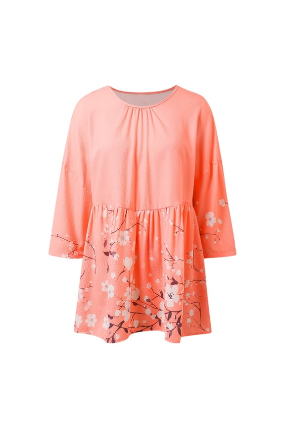 3/4 Sleeve Oversized T Shirts for Womens Trendy Loose Fit Floral Printed Tops Summer Loose Fit Going out Tees Shirts 0630S*Pink S