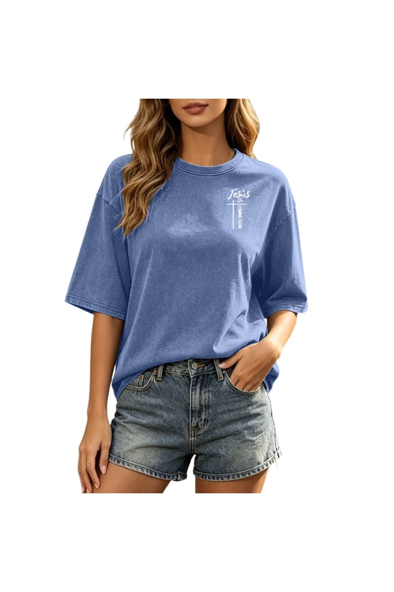 Plus Sized T Shirts for Womens Trendy Loose Fit Short Sleeve Tops Summer Jesus Printed Going out Graphic Tees Shirts 0630S*Blue M