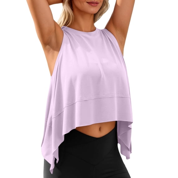 Samlisa Womens Cropped Workout Tank Tops Summer Loose Fit Sleeveless Yoga Tops Irregular Hem Side Slit Running Gym Fitness T Shirts Tees 0630S*Light Purple M