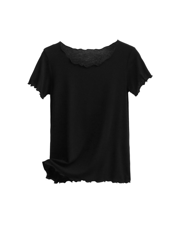 Womens Ribbed Short Sleeve T Shirts Summer Loose Ruffle Solid Tops Trendy Elegant Crew Neck Going out Tees 0630S*Black XXL