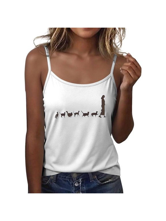 Womens Spaghetti Strap Camisole Tops Trendy Sleeveless Loose Fit Tank Tops Summer Cute Animal Printed Cami Tshirts Graphic Tees White S