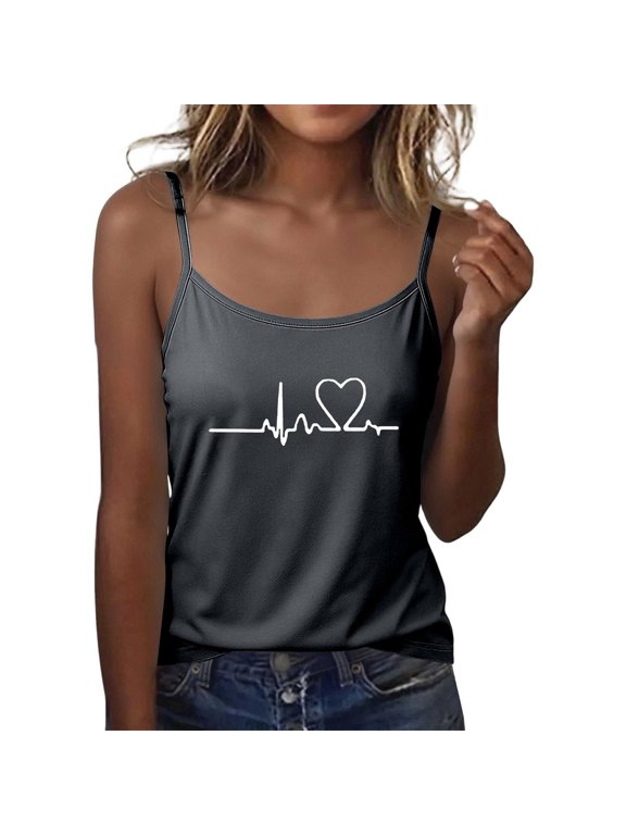 Womens Spaghetti Strap Camisole Tops Trendy Sleeveless Loose Fit Tank Tops Summer Love Printed Cami Tshirts Graphic Tees Dark Gray S