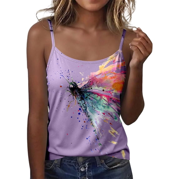 Samlisa Womens Spaghetti Strap Camisole Tops Trendy Tie Dye Printed Tank Tops Summer Sleeveless Crew Neck Cami Tops Tshirts Purple M