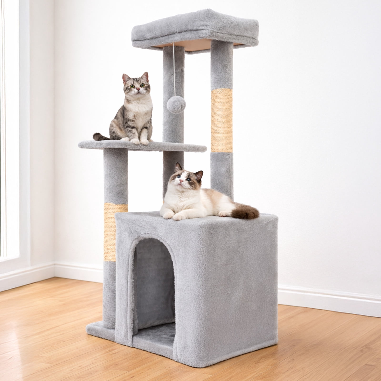 Samll Cat Tree, Multi-Level Cat Tree Tower with Sisal Scratching Posts, Condos, Plush Perches, Hanging Cat Toys, Light Gray