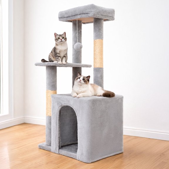 Samll Cat Tree, Multi-Level Cat Tree Tower with Sisal Scratching Posts, Condos, Plush Perches, Hanging Cat Toys, Light Gray