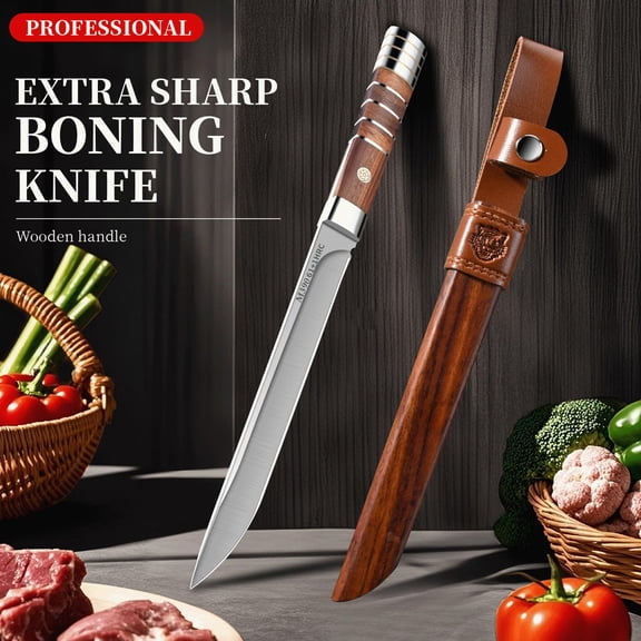 Samll Kitchen Knife with Cover, Sharp Stainless Steel Meat Fillet Butcher Knife with Ergonomic Wooden Handle, Multipurpose Kitchen Knife for Home Kitchen Cooking & Outdoor Camping