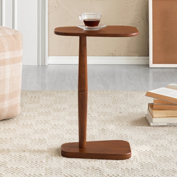 Sammy Solid Mango Wood C Shaped End Table, Sofa Side Table for Living Room Bedroom, 15 x 12 x 22 Inch, Walnut