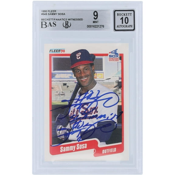 Sammy Sosa Chicago White Sox Autographed 1990 Fleer Series 2 #548 Beckett Fanatics Witnessed Authenticated 9/10 Rookie Card with "Slammin Sammy" Inscription - Fanatics Authentic Certified
