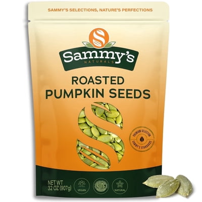 Sammys Naturals Roasted Pumpkin Seeds, Unsalted Pepitas, Keto Vegan Non-GMO Kosher, Resealable Bag (32oz - 2 lb)