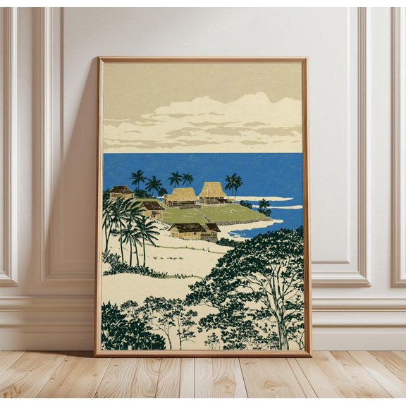 Samoa Coastal Village Cliffside Huts Ocean View Art Tropical Landscape Print, Unframed Paper Print