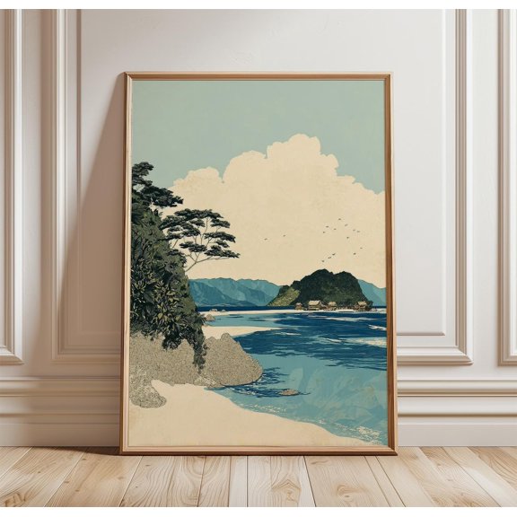 Samoa Coastal Village Cliffside Huts Ocean View Art Tropical Landscape Print, Unframed Paper Print