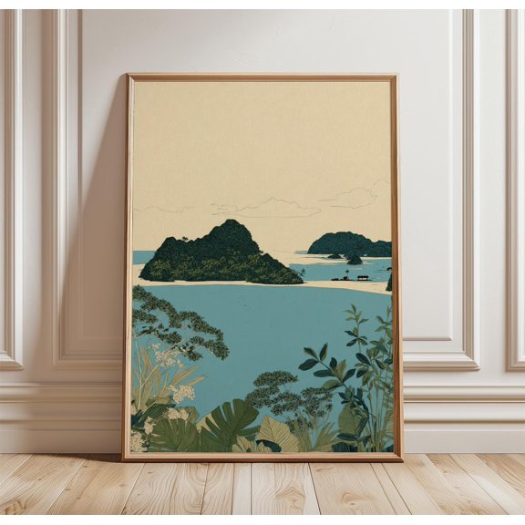 Samoa Coastal Village Cliffside Huts Ocean View Art Tropical Landscape Print, Unframed Paper Print