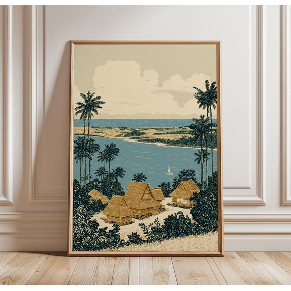 Samoa Coastal Village Palm Trees Ocean Bay View Art Island Landscape Print, Unframed Paper Print