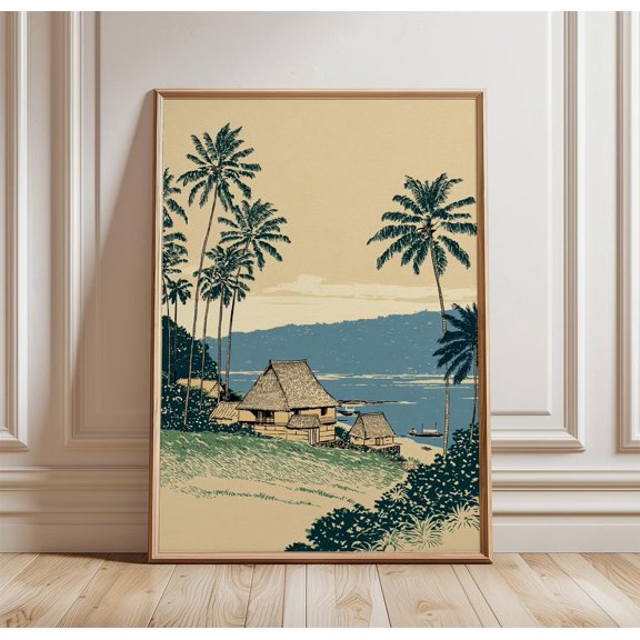 Samoa Coastal Village Palm Trees Ocean Bay View Art Island Landscape Print, Unframed Paper Print