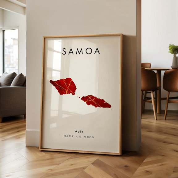 Samoa Map PRINTED Poster Red and Gold Oceania Wall Art Print Home Decor Geography Map Gift Wallpaper