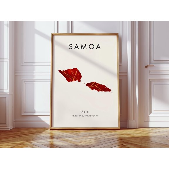 Samoa Map Poster Red and Gold Oceania Wall Art Print Home Decor Geography Map Gift Wallpaper