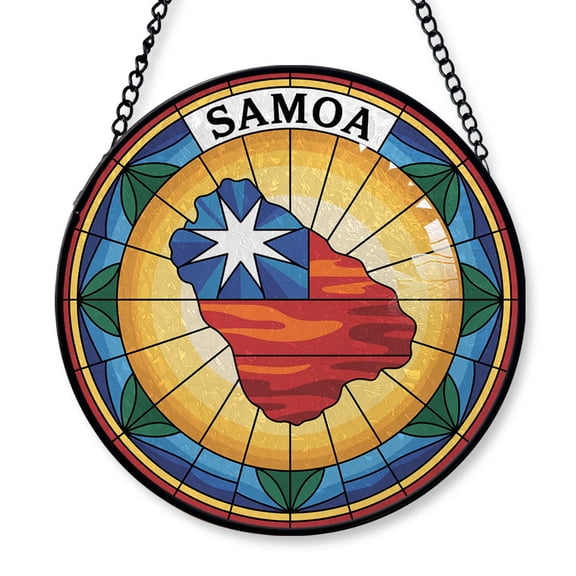 Samoa Travel Decor Suncatcher Stained Glass Window Hanging, Gift for Traveller, Collection of Country Travel Souvenirs for Family and Friends, Samoa Map and Flag Décor