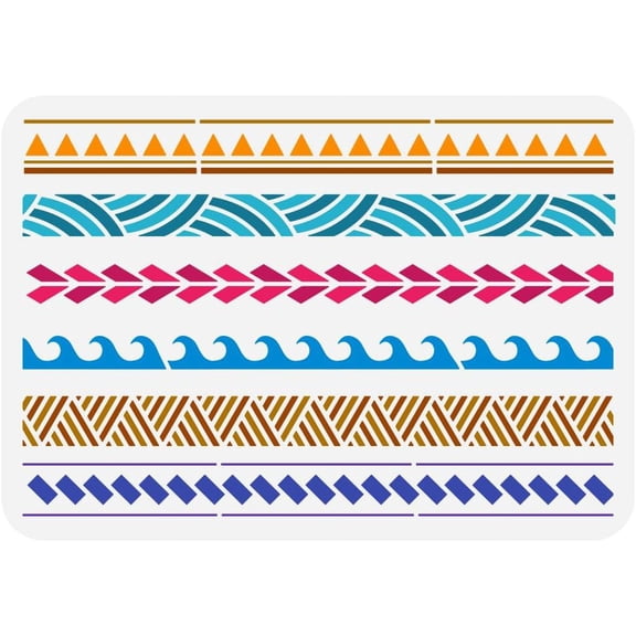 Samoan Geometric Border Painting Stencil 8.3x11.7inch Large Geometric Patterns Drawing Template Reusable Rectangle Triangle Wave Pattern Stencil for Painting on Wood Fabric Canvas White