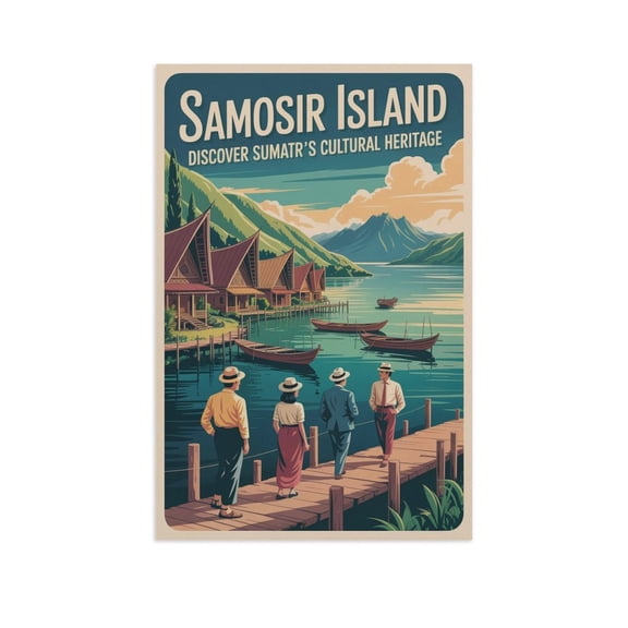 Samosir Island Discover Sumatras Cultural Heritage Vintage Travel Poster Retro Indonesia Wall Decor Canvas Poster