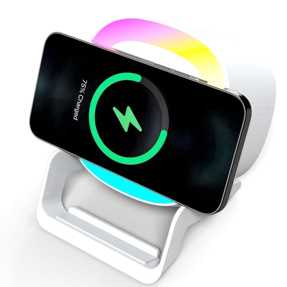 Samovi 4-in-1 Wireless Charging Bluetooth Speaker with Phone Stand, 15W Fast Charger Stand, RGB Ambient Light, Wireless Bluetooth Speaker for iPhone/Samsung, Gifts for Men Women (White)