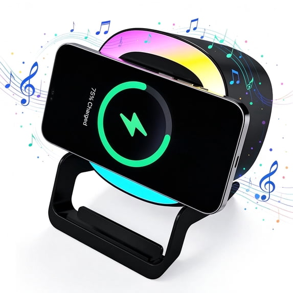 Samovi 4-in-1 Wireless Charging Bluetooth Speaker with Phone Stand, 15W Fast Charger Stand, RGB Ambient Light, Wireless Bluetooth Speaker for iPhone/Samsung, Gifts for Men Women (Black)