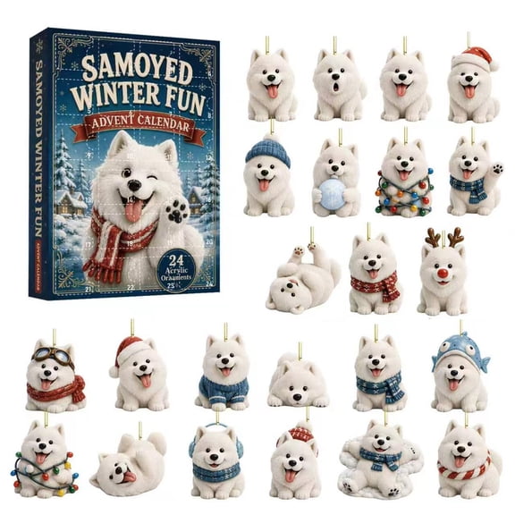 Samoyed Advent Calendar 2026, 24 Days Christmas Countdown Calendar with 24 Unique 2D Acrylic Dog Ornaments, Winter Holiday Decor, Gift for Dog Lovers and Adults