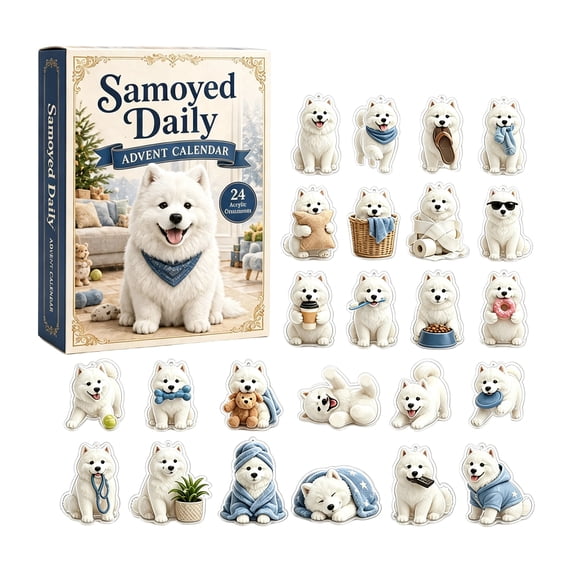 Samoyed Advent Calendar, 2D Acrylic Daily Ornament Set, 24-Piece Christmas Countdown for Dog Lovers