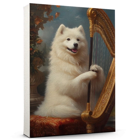 Samoyed Cute Dog Harp Stretched Canvas Size 8x12 – Retro Samoyed Dog Batter in Action With Harp for Themed Living Room