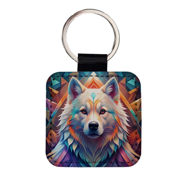 Samoyed Dog Abstract Stylized Art Faux Leather Square Keychain